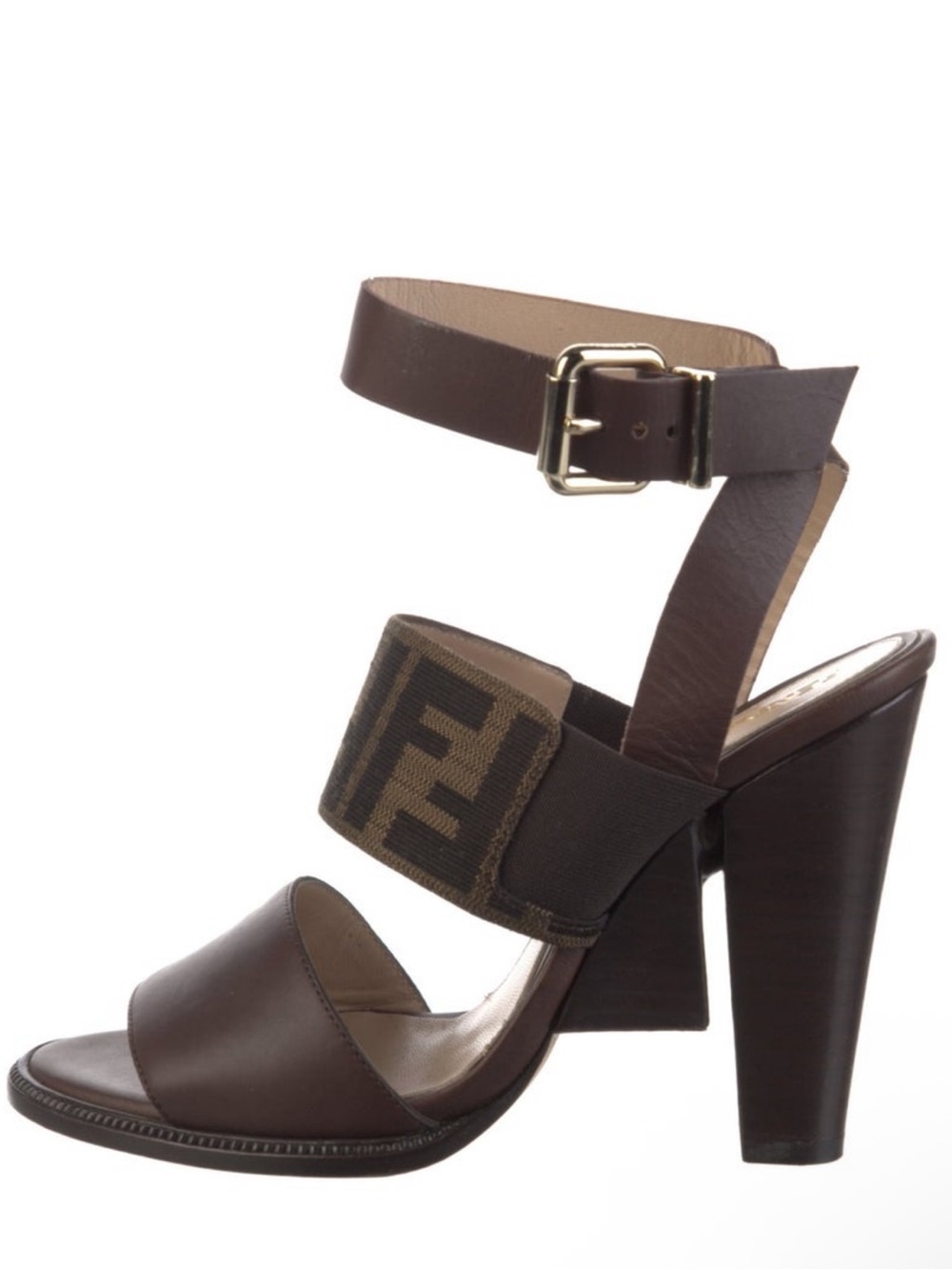 Fendi Dark Brown Leather & Canvas Ankle-Strap High Heel Sandals